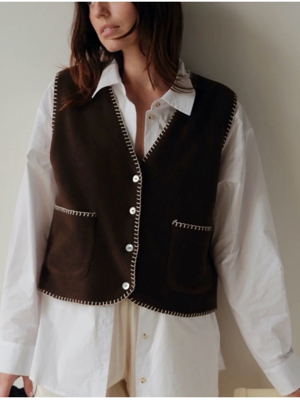 DONNI. Chocolate Brown Polar Fleece Vest with Contrast Stitching